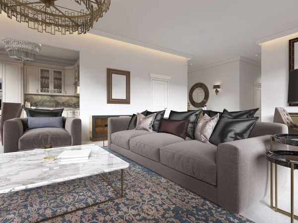 Moderní Luxusní Interiér Obývacího Pokoje Pohovka Křesla Konferenční Stolek Jídelní — Stock fotografie