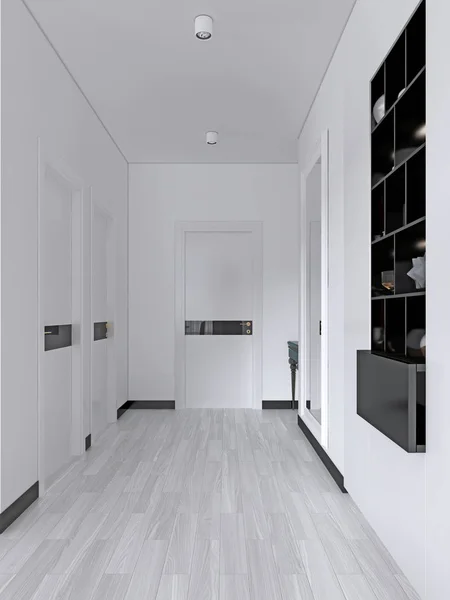 White Corridor Doors Built Black Shelves Decor Scandinavian Style Rendering — Stock Photo, Image