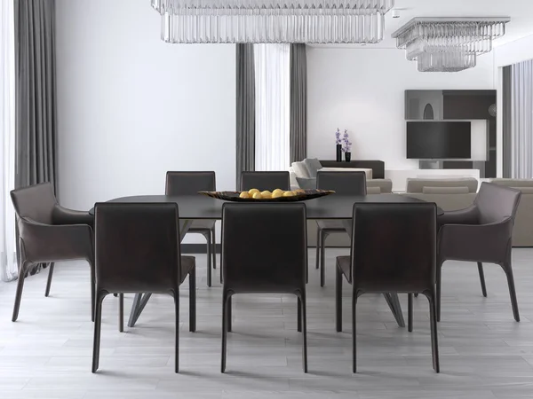 Luxuosa Sala Jantar Moderna Com Uma Grande Mesa Cadeiras Almofadadas — Fotografia de Stock