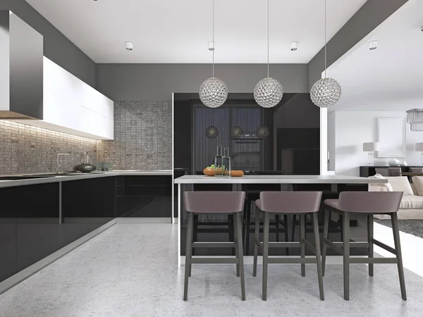 Contemporary Kitchen Black Glossy Facade Island Bar Stools Rendering — Stock Photo, Image