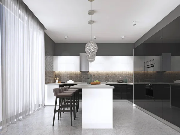 Moderne Keuken Met Een Zwarte Glanzende Gevel Met Een Eiland — Stockfoto