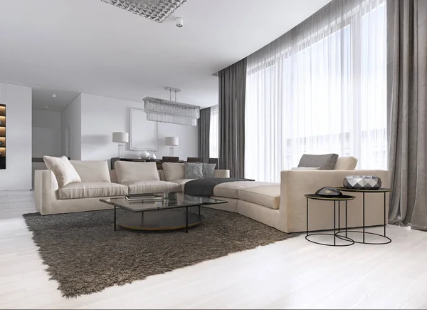 Modern Light Contemporary Living Room Large Corner Sofa Dining Area — Stock Photo, Image