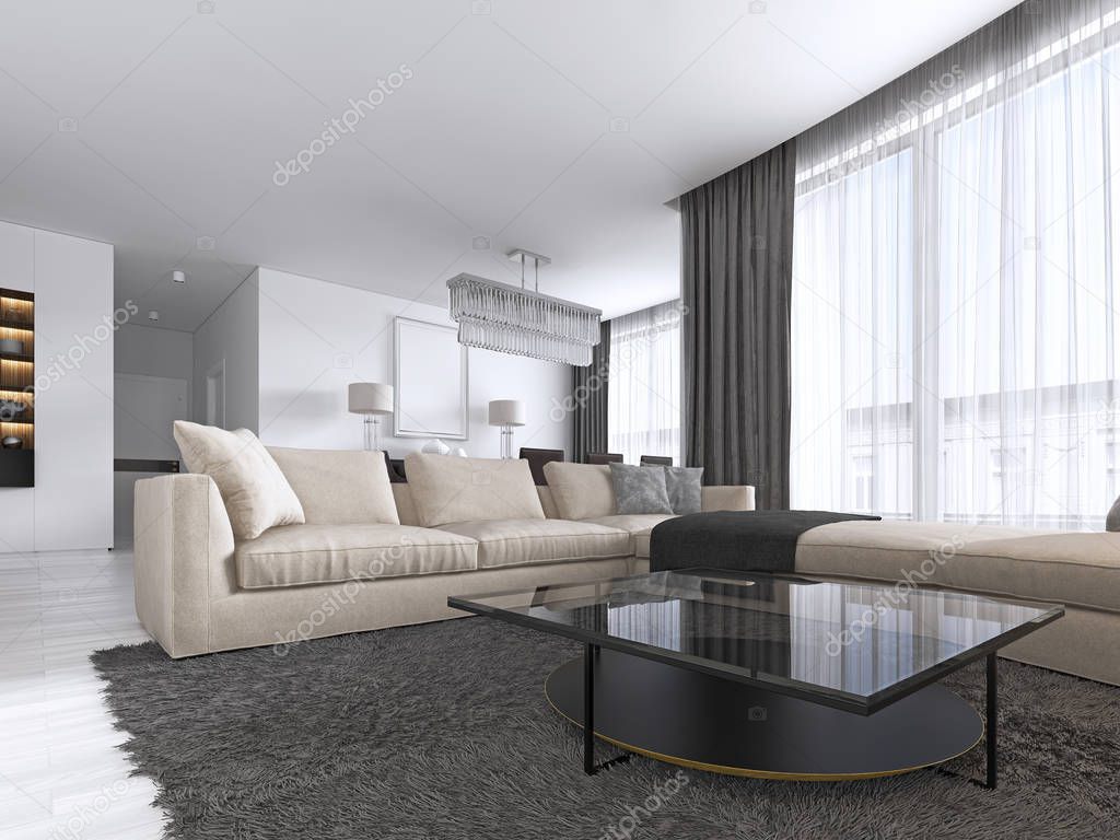 Interior Design: Living room with a large corner sofa and a TV unit in contemporary style. 3d rendering