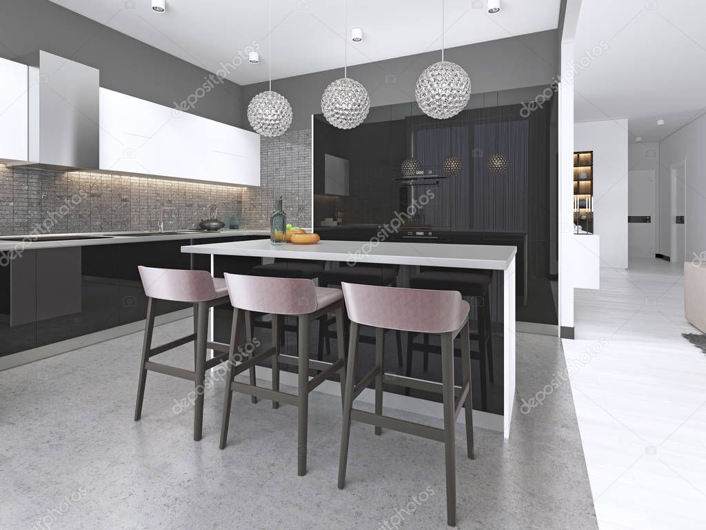 Modern kitchen with an island and bar stools with built-in appliances. 3d rendering