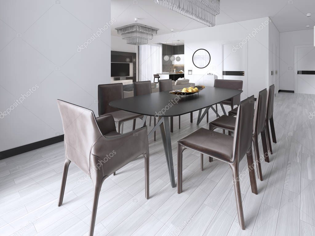 Dining table in a studio apartment in the Scandinavian style. 3d rendering