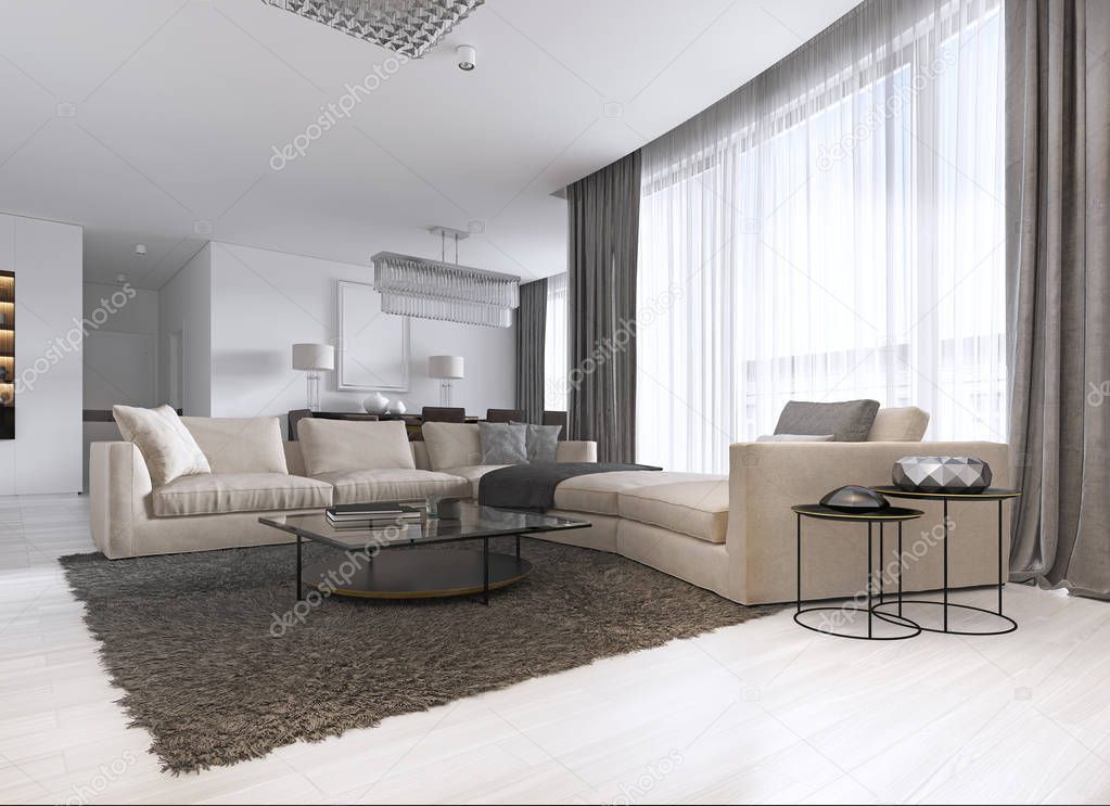Modern light contemporary living room with large corner sofa and dining area. Console with a mirror, TV unit, coffee and side table. 3d rendering.