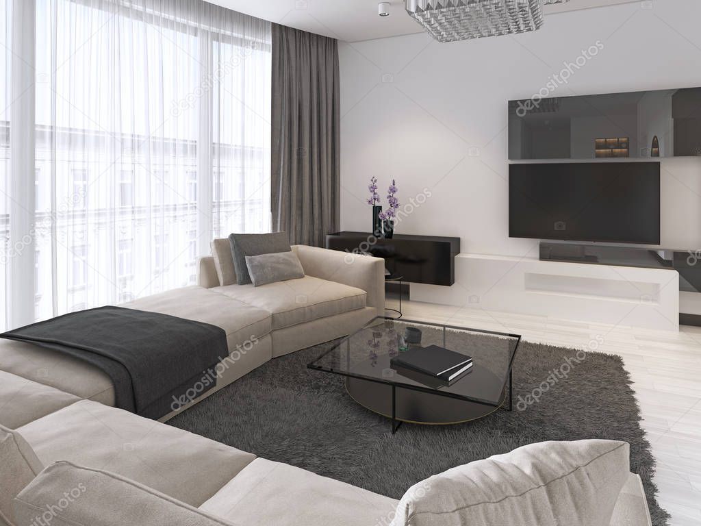 Modern light contemporary living room with large corner sofa and dining area. Console with a mirror, TV unit, coffee and side table. 3d rendering.