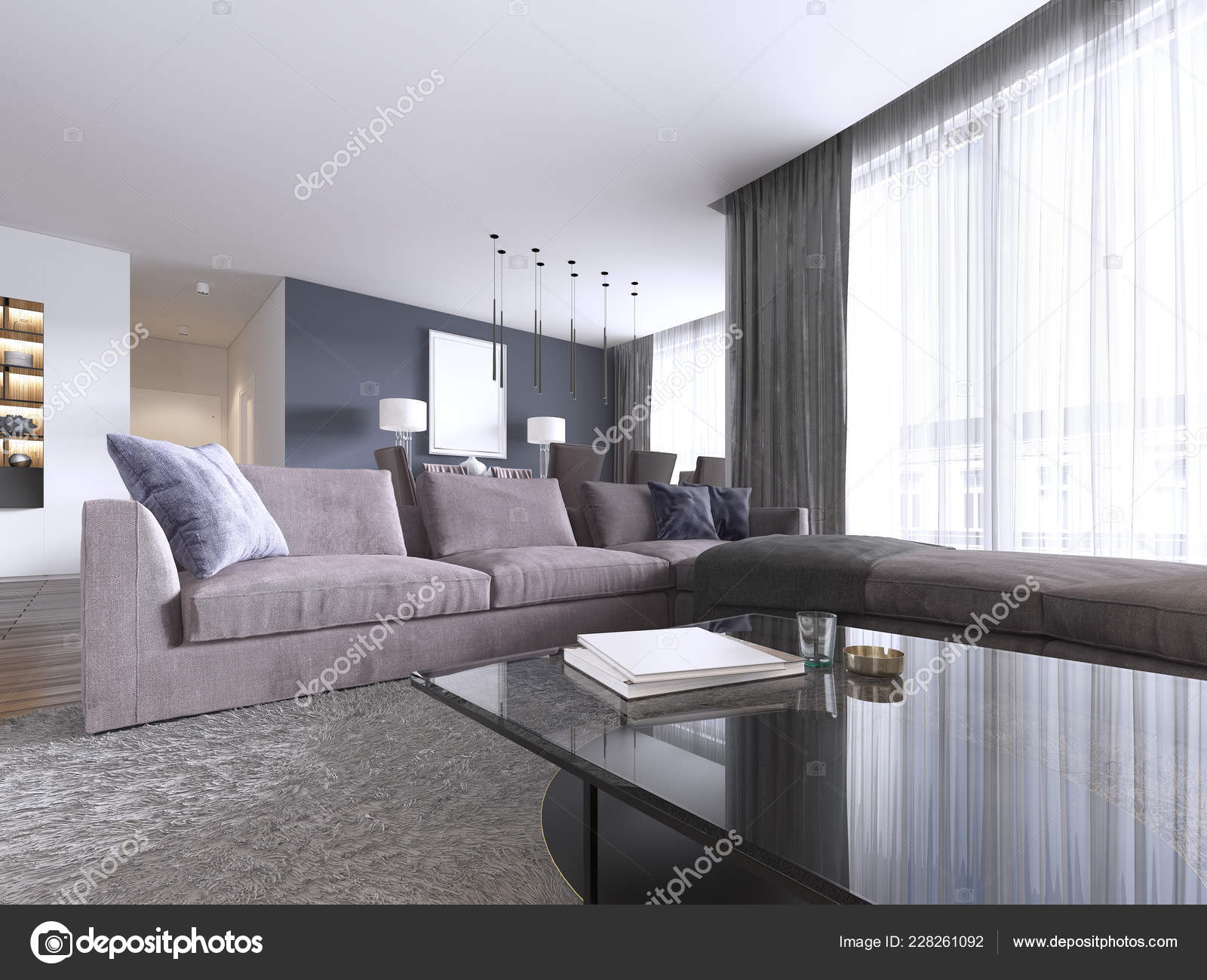 Chic Living Room Filled Built Cabinets Violet Corner Sofa Soft