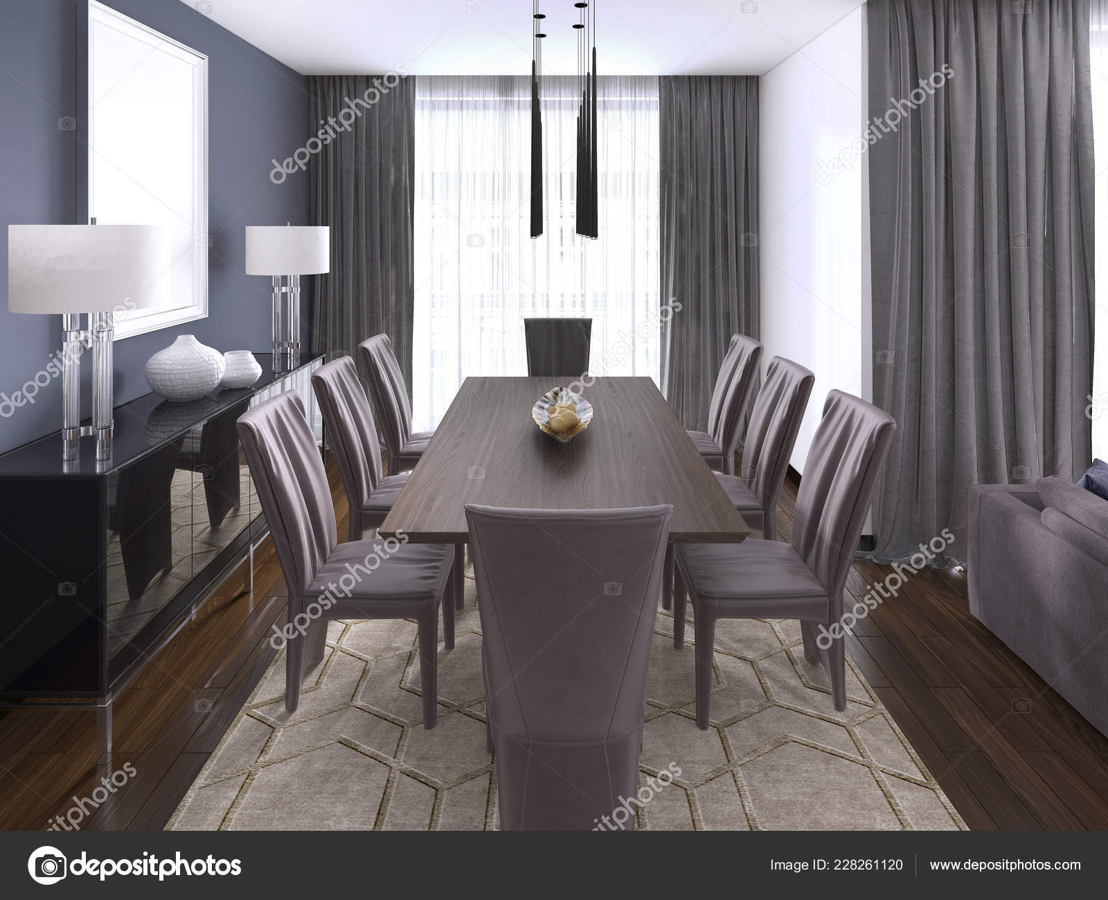 Luxurious Modern Dining Room Boasts Wood Dining Table Illuminated Pendant Stock Photo C Kuprin33 228261120