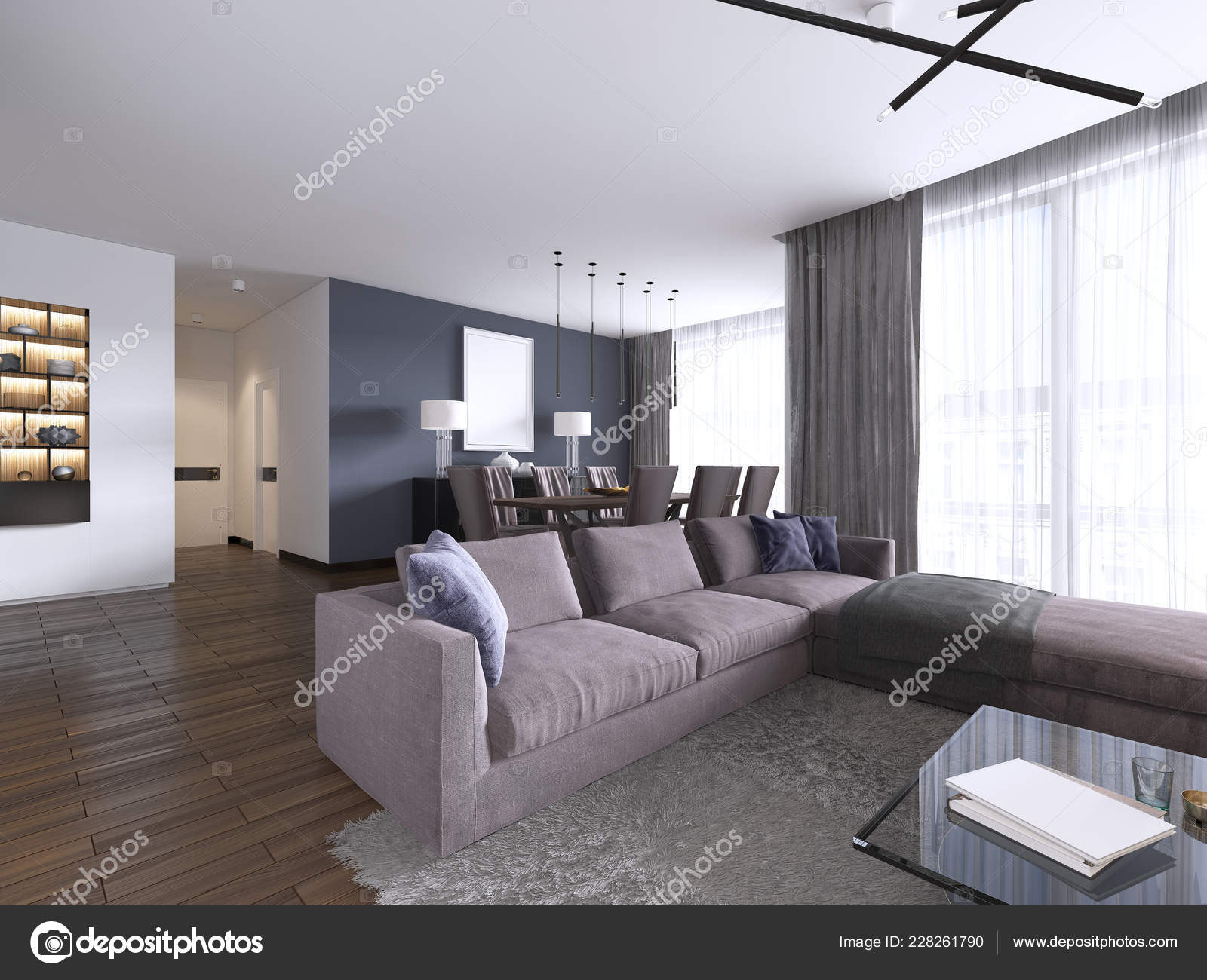 Chic Living Room Filled Built Cabinets Violet Corner Sofa Soft