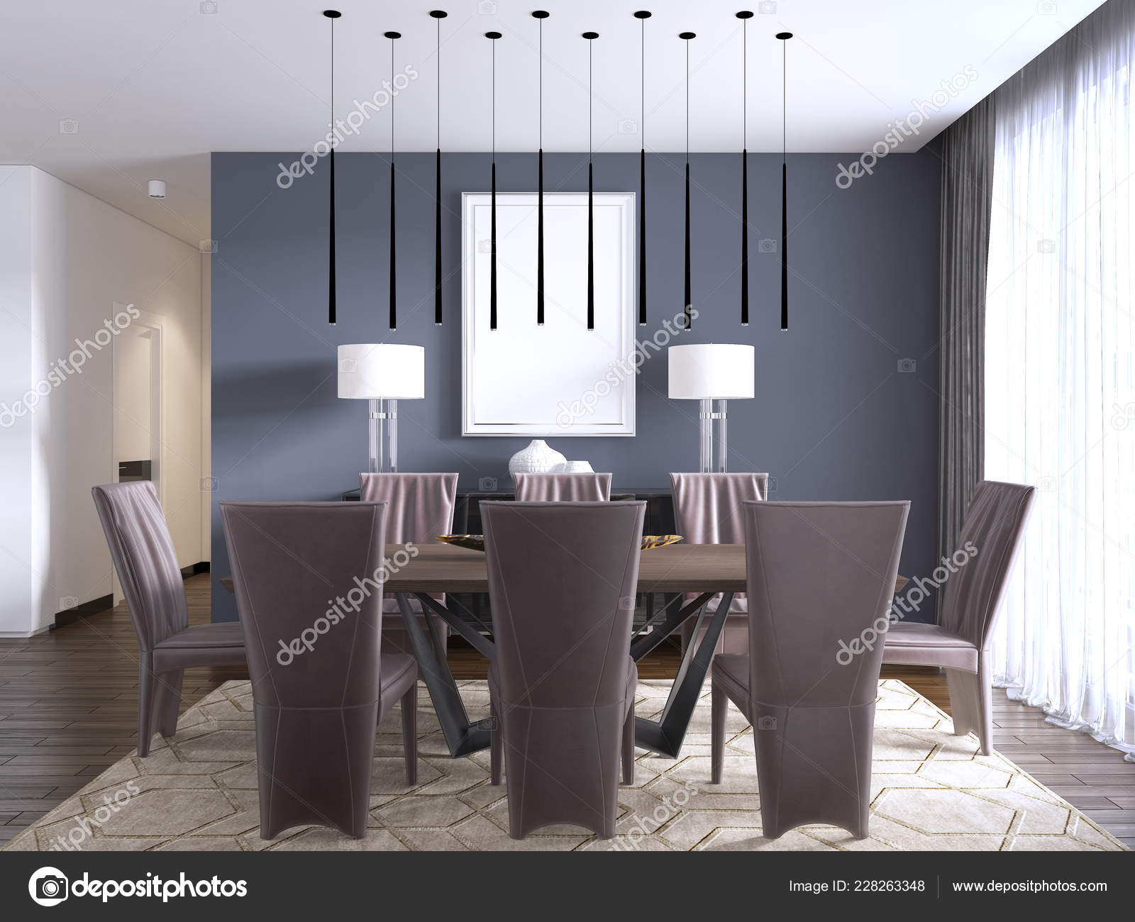 Modern Dining Room Interior Violet Walls Wooden Table Designer Leather Stock Photo Kuprin33 228263348
