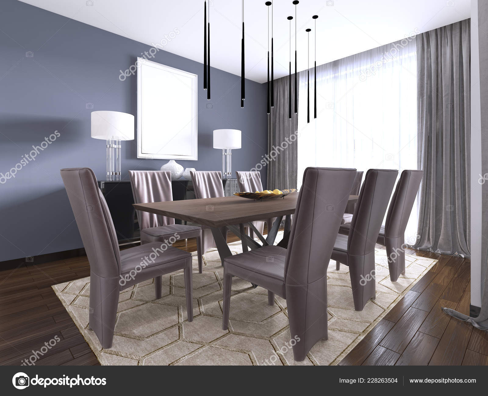 Modern Dining Room Interior Violet Walls Wooden Table