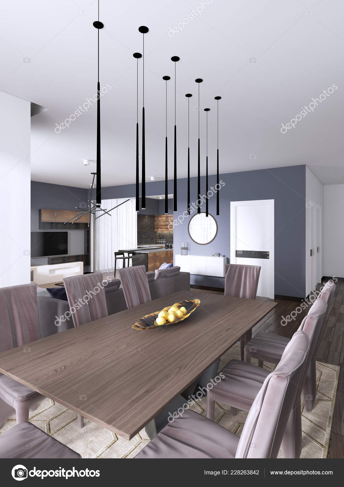 Modern Dining Room Interior Violet Walls Wooden Table