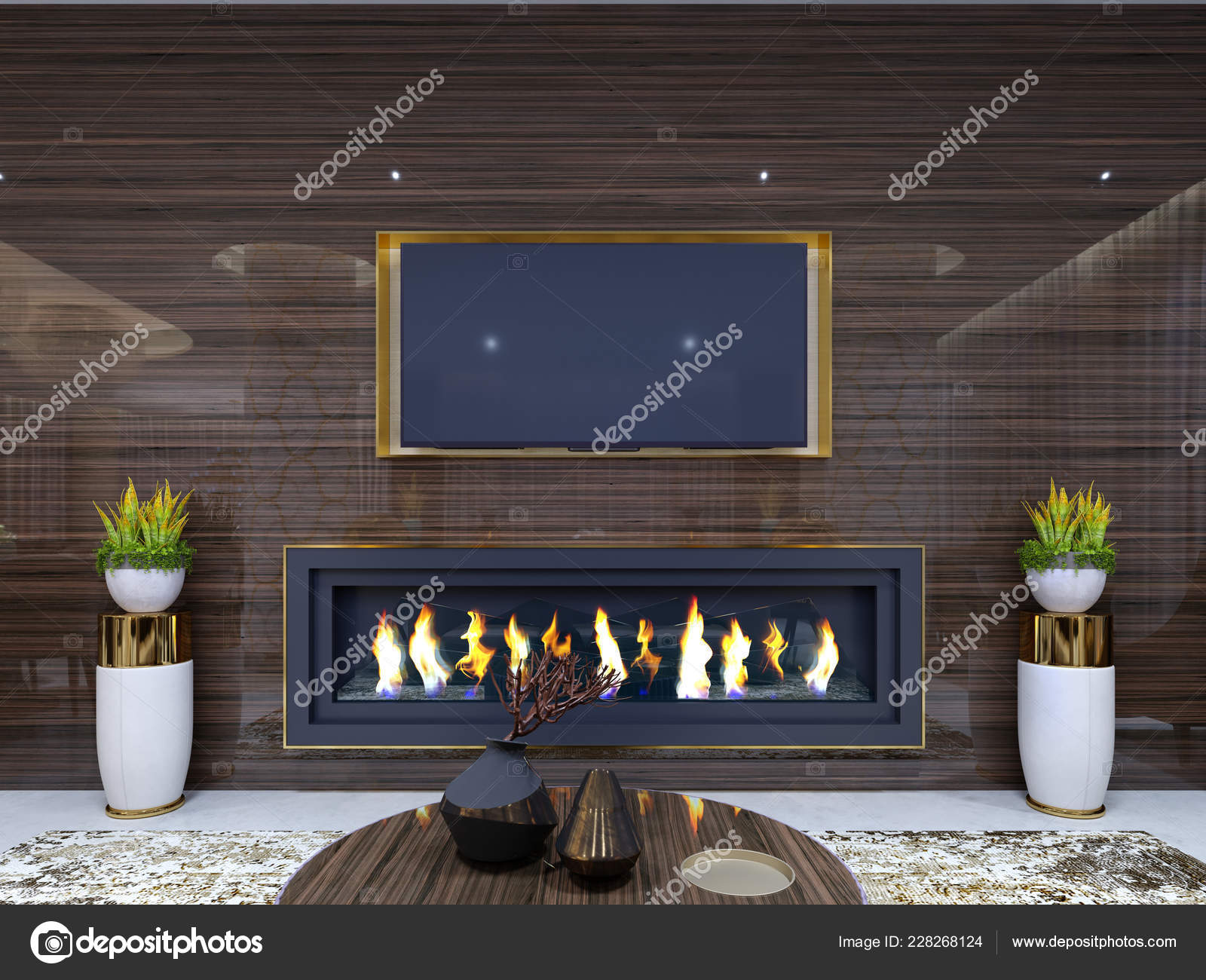Luxurious Modern Fireplace Hotel Cozy Waiting Area Wooden Wall
