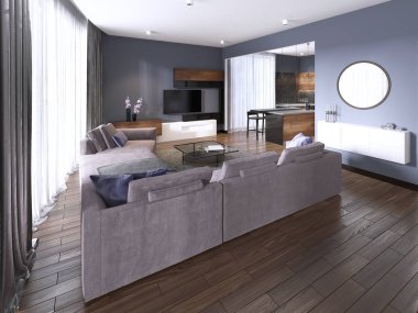 çağdaş stüdyo daire ve açık alan modern iç mutfakta. 3D render