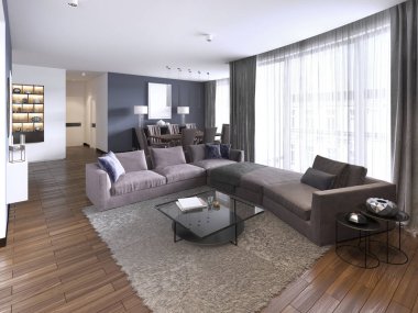 Renkli modern daireler ile büyük köşe kanepe ve Tv depolama ve uzun şeffaf perdeler. 3D render.