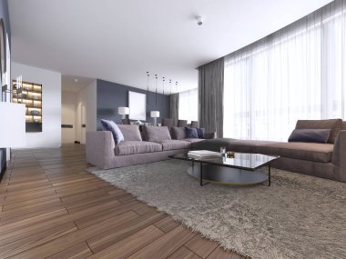 Renkli modern daireler ile büyük köşe kanepe ve Tv depolama ve uzun şeffaf perdeler. 3D render.