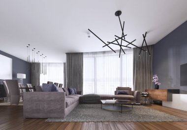 Renkli modern daireler ile büyük köşe kanepe ve Tv depolama ve uzun şeffaf perdeler. 3D render.