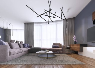 Şık salon dolu yerleşik dolapları, menekşe köşe kanepe, yumuşak kanepe iki düşük tablolar ve pencere duvarı karşı karşıya. Çağdaş bir tarzda. 3D render.