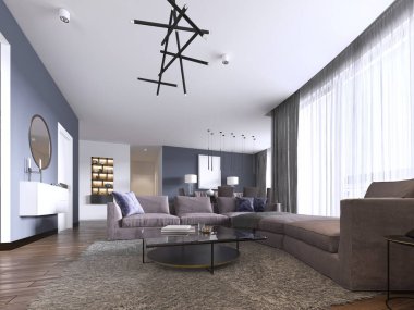 Renkli modern daireler ile büyük köşe kanepe ve Tv depolama ve uzun şeffaf perdeler. 3D render.