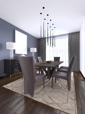 Lüks modern yemek Oda övünme bir ahşap yemek tablo bir kolye ışık ile aydınlatılmış ve kahverengi deri sandalye takımları sisal halı çekmeceli modern ile bitmiş üzerinde yemek ile çevrili. 3D render