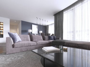 Şık salon dolu yerleşik dolapları, menekşe köşe kanepe, yumuşak kanepe iki düşük tablolar ve pencere duvarı karşı karşıya. Çağdaş bir tarzda. 3D render.