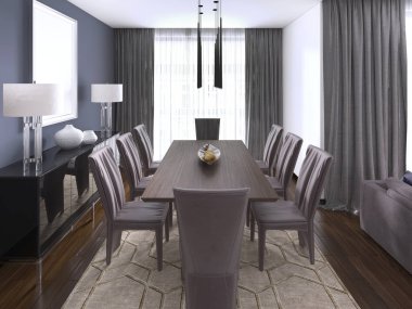 Lüks modern yemek Oda övünme bir ahşap yemek tablo bir kolye ışık ile aydınlatılmış ve kahverengi deri sandalye takımları sisal halı çekmeceli modern ile bitmiş üzerinde yemek ile çevrili. 3D render