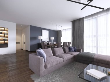 Şık salon dolu yerleşik dolapları, menekşe köşe kanepe, yumuşak kanepe iki düşük tablolar ve pencere duvarı karşı karşıya. Çağdaş bir tarzda. 3D render.