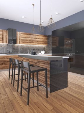 Taşlı büyük lüks çağdaş mutfak tezgah ada. 3D render.