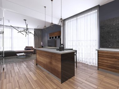 Taşlı büyük lüks çağdaş mutfak tezgah ada. 3D render.