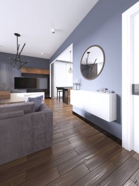 bir ayna oturma odası modern tarzı ile beyaz asılı konsol. 3D render.