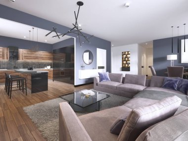 Stüdyo Daire kumaş koltuk ve Tv muhafazası ve duvardaki konsol ile mutfak oturma odası. 3D render