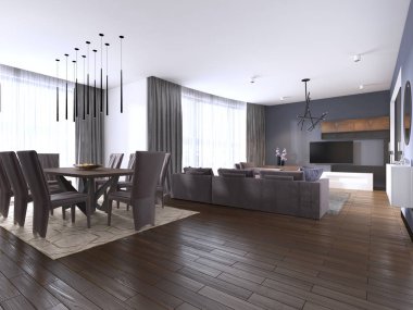 modern lüks kahverengi yemek salonunda yemek set. 3D render