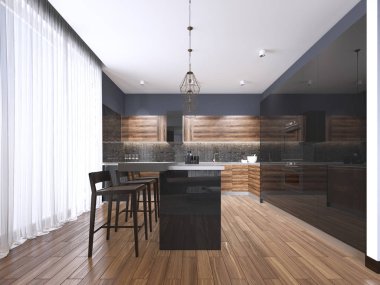 Modern mutfak ahşap ve parlak siyah mutfak dolapları, mutfak ada bar tabureleri, taş mutfak tezgahı, yerleşik aletleri ile. 3D render