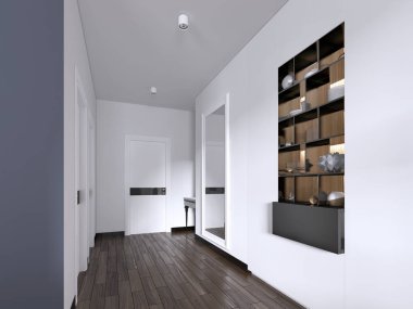 Koridor koridor kapıları ile parlak beyaz renkleri ve raflar ve dekor ile yapılı-içinde doğru niş. 3D render.
