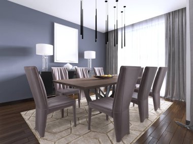 Menekşe duvarlı modern yemek odası iç tasarımcı deri sandalye, pencere ve bir çekmeceli ahşap bir masa. 3D render 