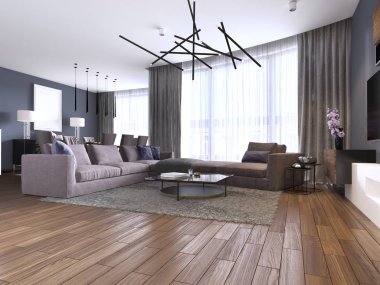 Parke zeminler ve büyük köşe kanepe menekşe renkli yeni lüks ev güzel salon iç. Çağdaş bir tarzda. 3D render.