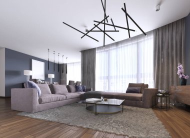 Parke zeminler ve büyük köşe kanepe menekşe renkli yeni lüks ev güzel salon iç. Çağdaş bir tarzda. 3D render.