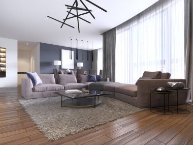 Parke zeminler ve büyük köşe kanepe menekşe renkli yeni lüks ev güzel salon iç. Çağdaş bir tarzda. 3D render.