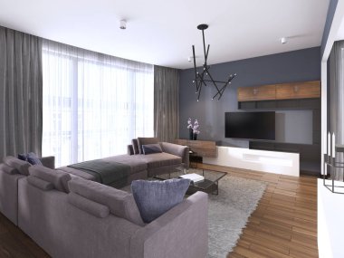 Parke zeminler ve büyük köşe kanepe menekşe renkli yeni lüks ev güzel salon iç. Çağdaş bir tarzda. 3D render.