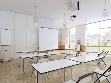 Boş sınıfta öğrenciler modern ekipman ve mutfak için. 3D render.