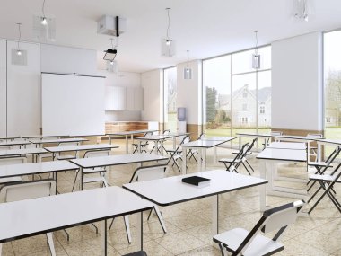 Modern sınıf büyük panoramik pencereler ve beyaz masaları, parlak iç. 3D render