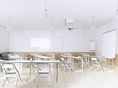 Beyaz renk modern boş okul sınıfta iç. 3D render 
