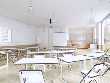 Modern sınıf büyük panoramik pencereler ve beyaz masaları, parlak iç. 3D render