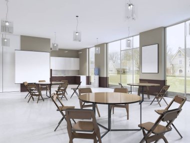 Yuvarlak masa ve kahverengi mobilya ile eğitim odası. 3D render