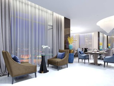 Bir tablo ile çağdaş salon restoranda iki rahat koltuklar. Akşam aydınlatma ile büyük pencereler ile ışıklı rahat alanı. 3D render