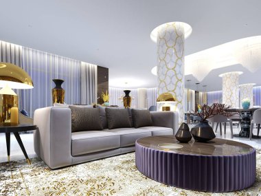 Otel, lüks koltuk altın lambalar ve sehpa ile birlikte yan tablolarla iki koltuk ile resepsiyon ve lounge alanı. 3D render 