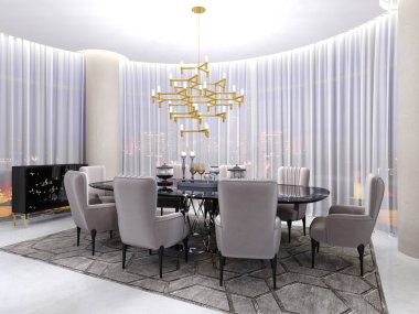 Art deco Oda müzakereleri, bir masa ve sekiz kişi ve büyük bir lüks ofis koltukları için altın yaldızlı avize ve büyük panoramik pencereler ve tül. 3D render