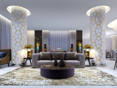 Otel, lüks koltuk altın lambalar ve sehpa ile birlikte yan tablolarla iki koltuk ile resepsiyon ve lounge alanı. 3D render 