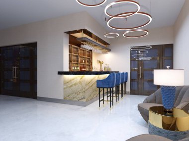 Bardaki küçük bir bar alanı bir oturma alanı ile. Mavi bar tabureleri ve raflar alkollü içecekler ile mermer sayaçlarıyla. 3D render